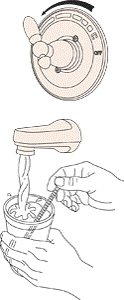 Place a thermometer in a plastic tumbler and hold the tumbler in the water stream